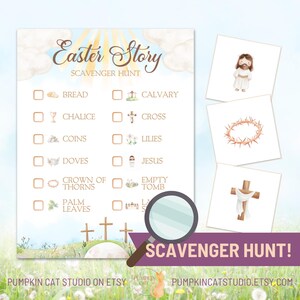 May include: A printable Easter scavenger hunt game with a checklist of items to find, including bread, a chalice, coins, doves, a crown of thorns, palm leaves, a cross, lilies, Jesus, and an empty tomb. The game includes images of each item to help players find them.