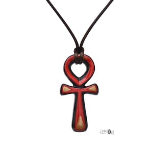 Ankh Egyptian cross necklace - Hand carved and red painted jewelry - Handmade Ancient Egypt handcrafted spiritual pendant