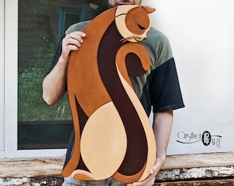 Escultura de pared de gato de madera – Decoración para el hogar con gatito pintado
