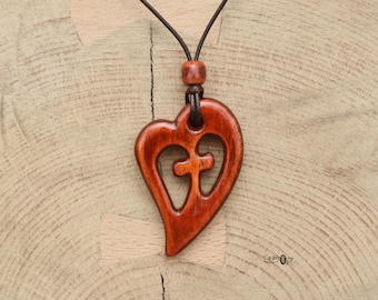 Handmade Wood Jewelry "Cross inside Heart" – Christian handcrafted gift - Hand carved necklace by CristherArt