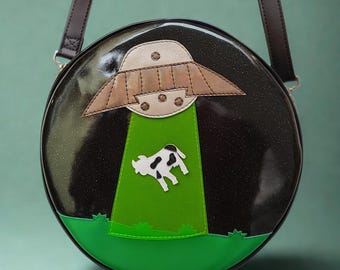 UFO Abduction Crossbody Bag, Premium Handmade Vegan Leather Glitter Vinyl Sci-Fi Purse, Alien Abduction Geek Festival Accessory