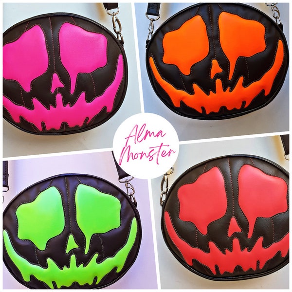 Alma Monster Jack O'lantern Pumpkin Bag Spooky Halloween Handmade Nara Prado Crossbody Handbag with Adjustable Strap Vegan Leather