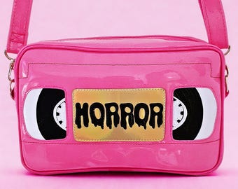 VHS Tape Horror Movies 80s Retro Style Premium Handmade Nara Prado Pink Crossbody Bag