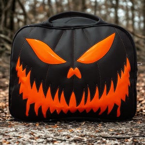 Pode incluir: Bolsa preta com tema de Halloween com um design de rosto de abóbora laranja. A bolsa apresenta uma alça, zíper e um contorno costurado. O rosto da abóbora tem olhos laranja e uma boca irregular.