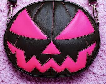 Premium Handmade Nara Prado Pumpkin Black & Neon Pink Crossbody Bag - Vegan Leather, Adjust Strap, Inside Pocket
