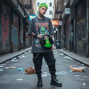 May include: A person wearing a dark gray graphic t-shirt with an alien design and the text "DISBELIEF". They are holding a round black purse with a green alien and UFO graphic. The person is wearing black pants and boots.