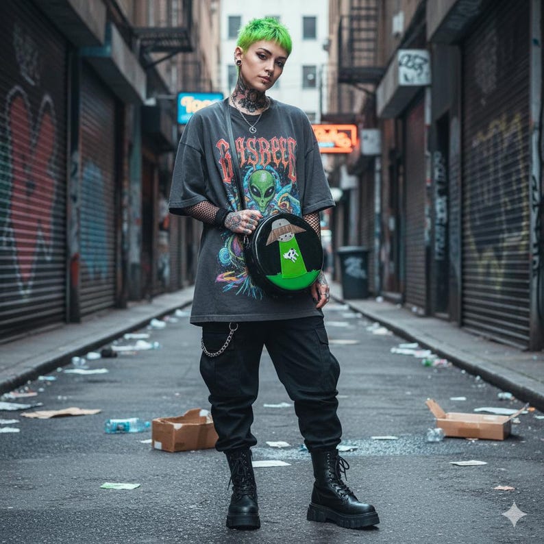 May include: A person wearing a dark gray graphic t-shirt with an alien design and the text "DISBELIEF". They are holding a round black purse with a green alien and UFO graphic. The person is wearing black pants and boots.