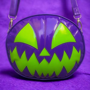 Dark Smile Pumpkin Round Bag Spooky Halloween Handmade Nara Prado Purple & Green Crossbody Handbag with Adjustable Strap Vinyl
