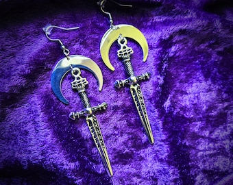 Silver Sword Earrings with Crescent Moon | Witchy Gothic Jewelry