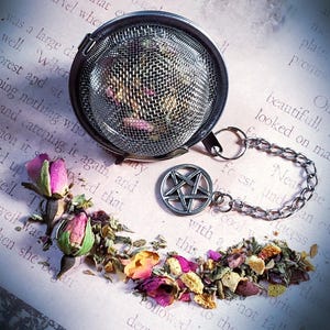 May include: A silver tea infuser with a pentagram charm and chain, filled with dried herbs and rose petals, on a book with text.