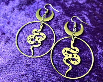 Silver Serpent Moon Hoop Earrings | Celestial Stainless Steel Jewelry