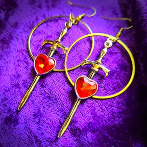 Heartpiercer Earrings | Gold Sword Through Heart Earrings ~ Gothic Romance Jewelry, Three of Swords Tarot, Mystical Gift