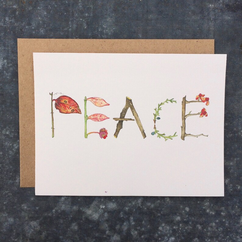 Fall Peace Watercolor Botanical Hand Lettered Greeting Card by Laura Poulette image 1