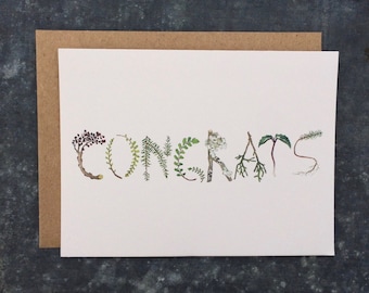 Winter Congrats Watercolor Botanical Hand Lettered Greeting Card by Laura Poulette