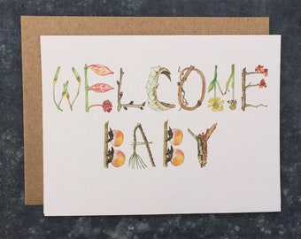 Welcome Baby Watercolor Botanical Hand Lettered Greeting Card by Laura Poulette