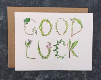 Good Luck Watercolor Botanical Hand Lettered Greeting Card by Laura Poulette