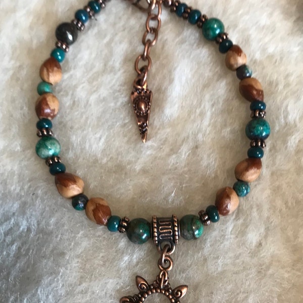Southwest/Tribal Gemstone Bracelet~Sonora Sunrise Chrysocolla/Cuprite Gemstones~Navajo Juniper Berry Seeds-Green Glass Beads~ Copper Charms