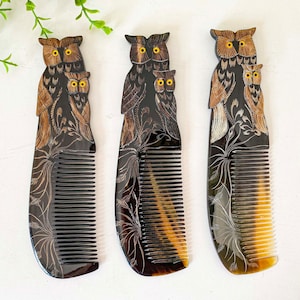 Mother Child Natural Buffalo Horn Comb Symbol of Love & Peace,Anti-Static Full Handmade Horn Comb, Eco Comb, Fine Beard Comb, Gift for mom Owl