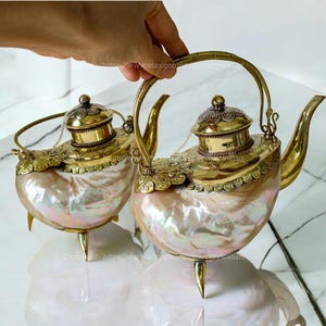 Teapots and Cups with Bronze Edges & Copper Coating Mother of Pearl Sea Snail Seashell Designs Perfect for Home Decor Cup for Serving Wine