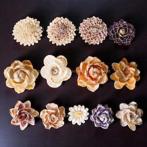 May include: A collection of handcrafted seashell flowers in shades of cream, tan, brown, and purple. The flowers are displayed on a dark surface, highlighting their intricate details and natural textures. These decorative flowers are perfect for home decor.