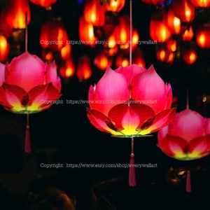 May include: A collection of red and pink lotus flower shaped paper lanterns hanging from a ceiling. The lanterns are illuminated from within, creating a warm glow.