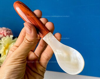 Mother-of-Pearl Spoon Engraved Caviar Spoon Seashell Utensils Tea Coffee Scoop Sugar Spoon Caviar Spoon with Rosewood Handle Oyster Snail