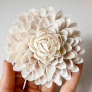 May include: A cream-coloured flower crafted from small seashells, arranged in a layered, spherical form. The flower's centre is detailed, resembling a dahlia. The petals display subtle pinkish tones. The overall effect is delicate and natural.