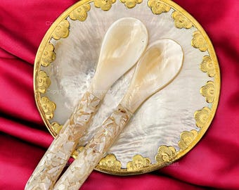 Set of Flower Mother-of-Pearl Plate with Beluga Sturgeon Copper Trim Collectible Display Perfect for Serving Caviar Holding Soap Candy Decor