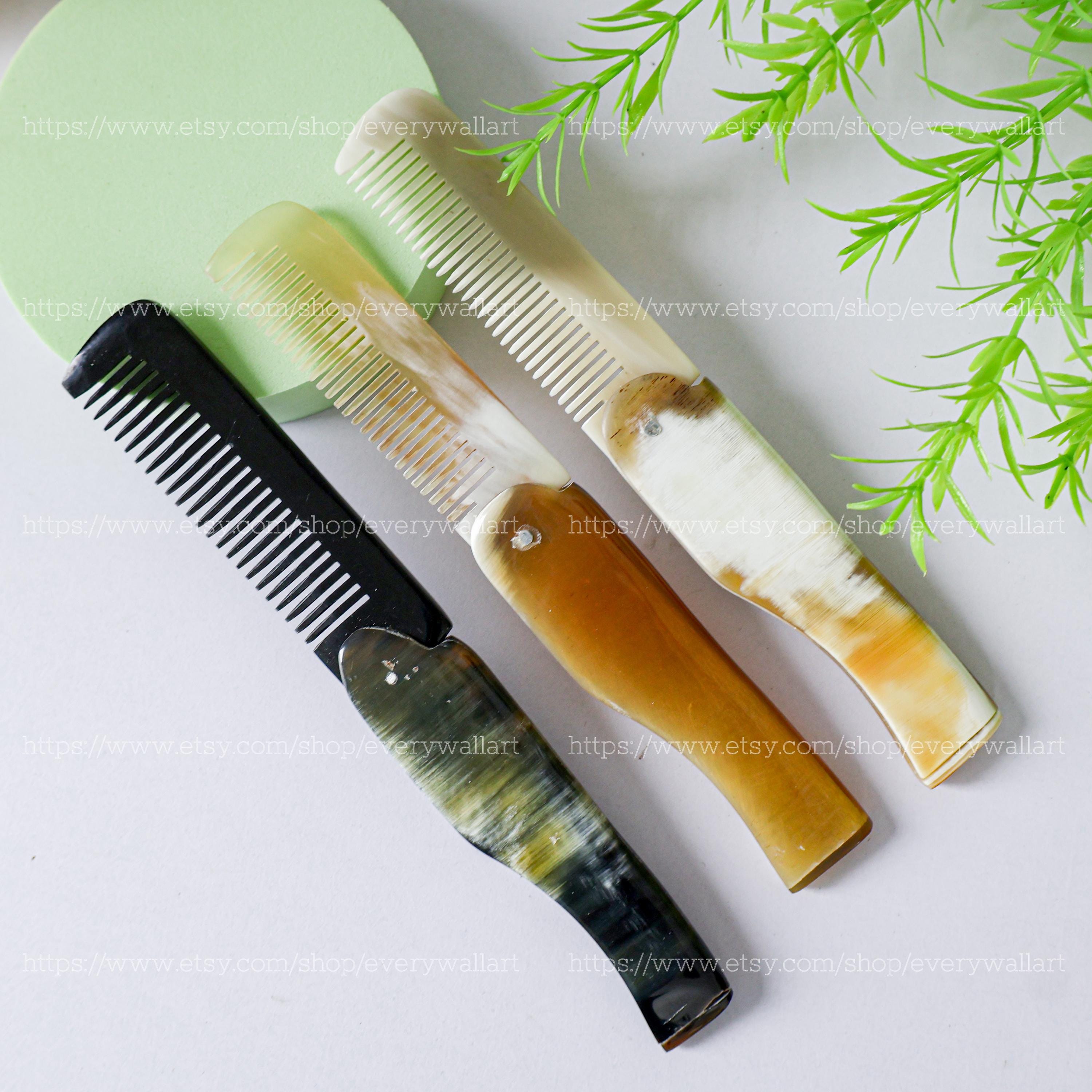 Middle Comb FLOWER CARVING Simple Natural Buffalo Horn Comb, Handmade Anti-static ...