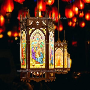 Handcrafted Wooden Gothic Lantern with Hexagon Lampshade DIY Hanging Lamp for Home Decor, Religious Light Holder, or Window Decoration