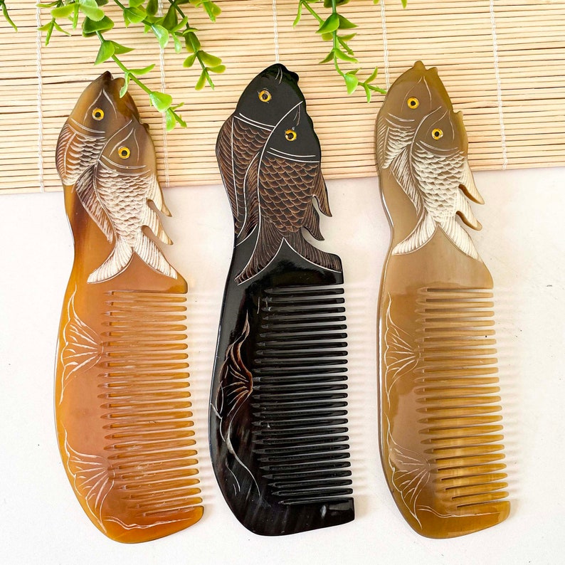 Mother Child Natural Buffalo Horn Comb Symbol of Love & Peace,Anti-Static Full Handmade Horn Comb, Eco Comb, Fine Beard Comb, Gift for mom Fish