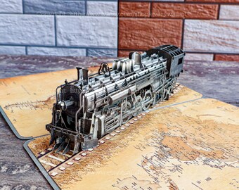 Tarjeta emergente hecha a mano con modelo 3D de tren de papel verde a vapor, regalo sorpresa para amigos, tarjeta emergente, tarjeta de agradecimiento por cumpleaños de Navidad, tarjeta de felicitación