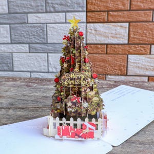 Tarjeta emergente 3D hecha a mano con papel verde y árbol, tarjeta emergente sorpresa, tarjeta de agradecimiento de cumpleaños de Navidad, tarjeta de felicitación, regalo para niños