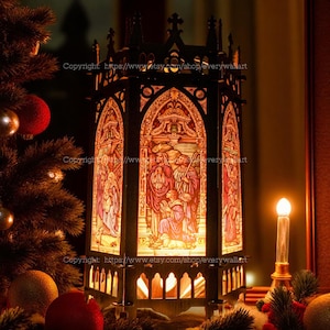 Wooden Gothic Lantern with Hexagon Lampshade Handcrafted DIY Hanging Lamp for Home Decor, Religious Light Holder, or Window Decoration