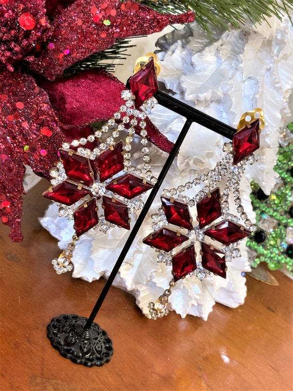 Vintage Czech Rhinestone Earrings, Poinsettia Clip