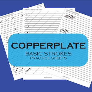 Könnte beinhalten: Vier druckbare Kupferplatten-Kalligraphie-Übungsbögen mit Grundstrichen. Die Blätter sind weiß mit schwarzen Linien und einem blauen Hintergrund.