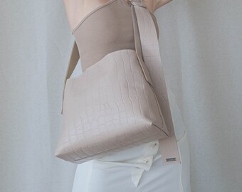 No.11 / Croc-embossed beige leather midi tote bag / Leather shoulder bag / Crocodile emboss handbag
