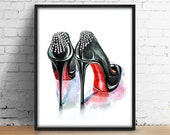 Shoes Digital Print inspired by Christian Louboutin rhinestone pumps Watercolor Decor Girly wall art Modern Fashion printable Illustration.