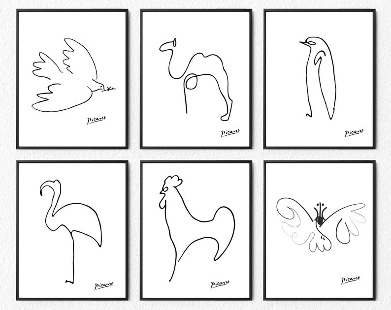 Line Art Drawing Set of 6 Prints Animal Sketches | Etsy