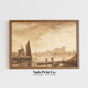 Westminster Abbey from Across the River Thames Painting | Vintage London Skyline Print | Warm Vintage Wall Art | Printable Art | #0174