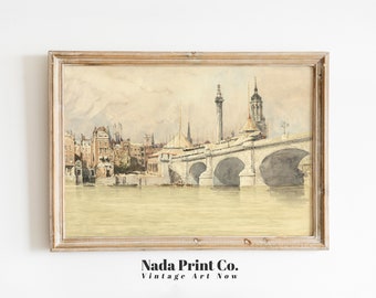 London Bridge over River Thames Painting | Vintage London Skyline Print | Warm Vintage Wall Art | Printable Art | #0175