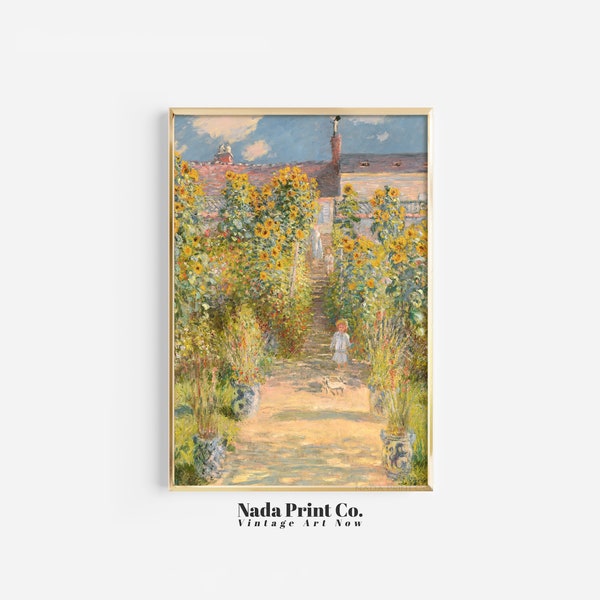Girls in a Garden Painting | Sunflower Garden Impressionist Art Print | Warm Vintage Wall Art | Printable Art | #0213