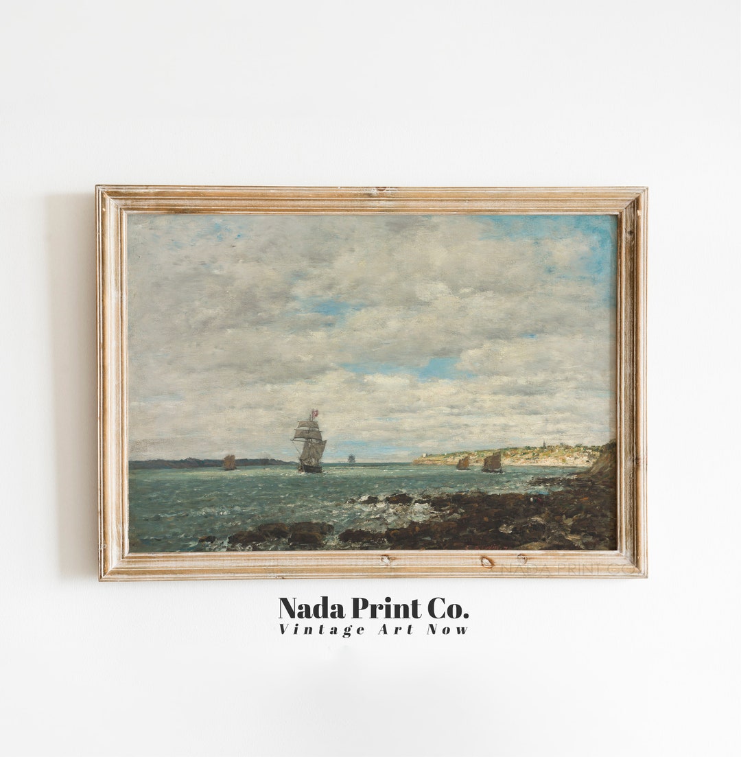 Coastal Ships Painting | Boats Coast Rocks | Warm Vintage Wall Art ...
