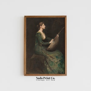 Woman in Green Dress Oil Painting | Antique Musician Print | Warm Vintage Wall Art | Printable Art | #0056
