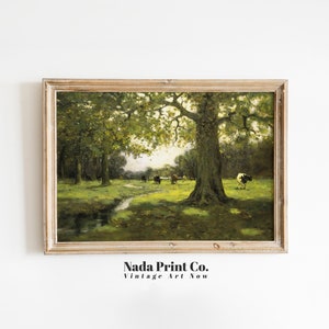 Cows Grazing Under Trees Painting | Cattle in Forest Print | Warm Vintage Wall Art | Printable Art | #0217