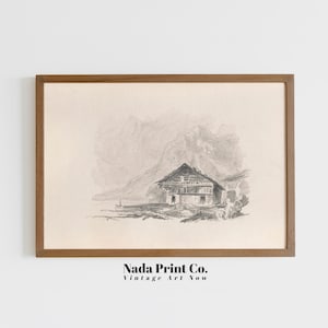Mountain Cabin Sketch Print | Rustic Simple Drawing  Print| Neautral Vintage Wall Art | Printable Art | #0108