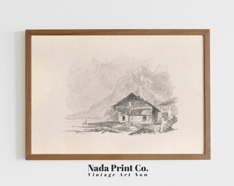 Berghut schets afdrukken | Rustieke eenvoudige tekening afdrukken | Neutrale vintage kunst aan de muur | Afdrukbare kunst | #0108