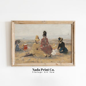 Vrouwen op het strand schilderen | Kustmensen afdrukken | Warme vintage kunst aan de muur | Afdrukbare kunst | #0053