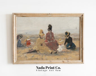 ビーチにいる女性の絵画 | 海辺の人々のプリント | 温かみのあるヴィンテージ ウォール アート | 印刷可能なアート | #0053