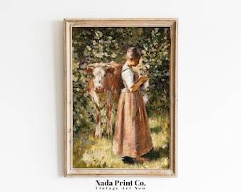 Woman and Cow in Garden Painting | Milkmaid Tending to Cow Print | Warm Vintage Wall Art | Printable Art | #0190
